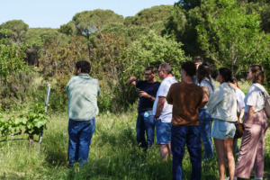 A promimité directe des vignes, notre chef de projet explique à groupe de visiteurs notre démarche agroécologique en faveur de la biodiversité.